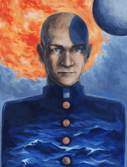 Portrait of a bald light-skinned man staring intensely straight ahead. Arnaud wears a dark blue military-style jacket decorated with dark blue ocean waves. The background is blue with a fiery orange sun. An orb hangs to the side of Arnaud's head, casting a shadow on his face.