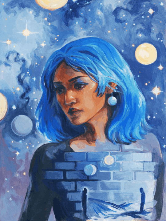 Portrait of a brown-skinned woman with bright blue hair and matching eyeshadow staring out to her right. Overlaid on Lila's clothing is a white brick wall covered in a partially-completed mural of two shadowy figures facing one another. She wears an earring shaped like an orb. The background is a swirling starry sky dotted with planets.