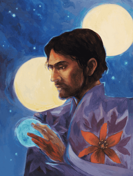Portrait of a tan-skinned man with a sharp, bearded jaw and medium-length hair wearing a purple jacket adorned with a red flower. Nasir is gazing down contemplatively at a green orb in his left hand, with two fingers dyed a deep mulberry color. The background is of a night sky with two suns.
